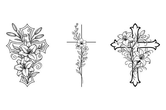 Floral Christian Cross Line Art for T-Shirt Designs and Graphics